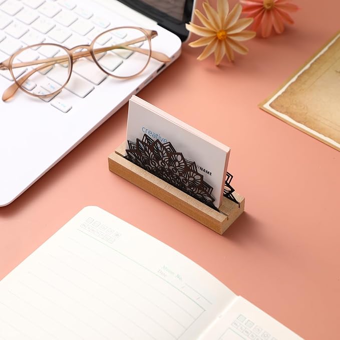CroBlissful 2 Pcs Lotus Business Card Holders for Desk, Wood&metal Black Lotus Silhouette Business Card Display Stand for Home Office