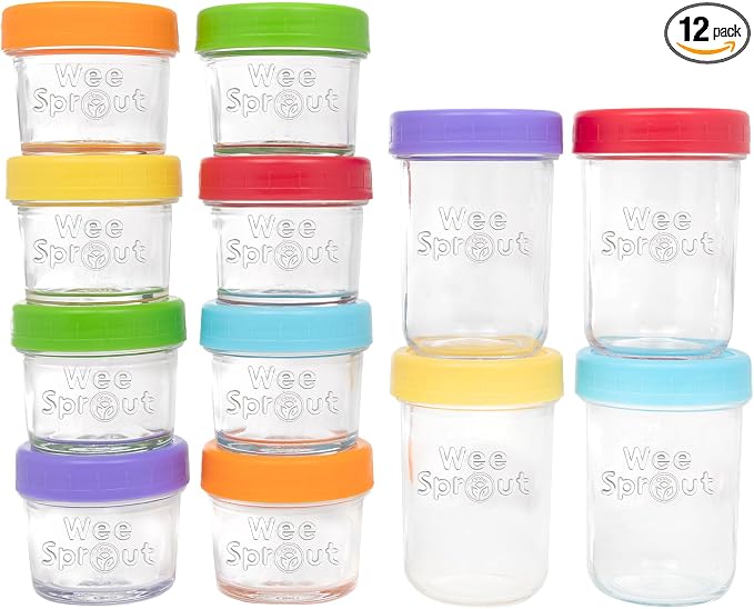 WeeSprout Glass Baby Food Storage Jars - 12 Set, 4 oz/8 oz Baby Food Jars, Plastic Lids, Freezer Storage, Reusable Small Glass Baby Food Containers, Microwave & Dishwasher Safe, for Infant & Baby Food