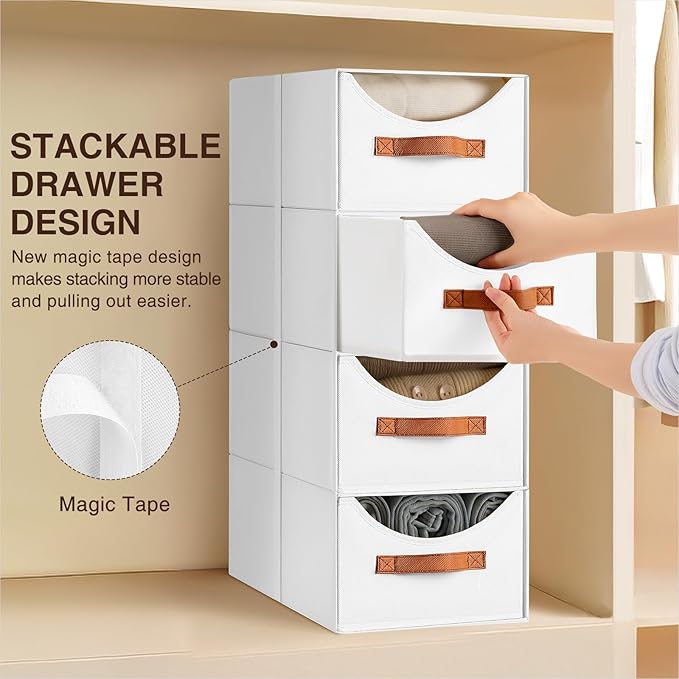 Homsorout Stackable Storage Drawers - Collapsible Storage Bins with Drawers, 8 Pack Closet Shelf Organizer Basket, Fabric Pull Out Organizer for Bedroom, Living Room, Dorm, White