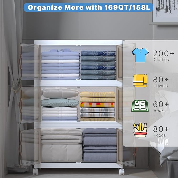 Stackable Storage Bins with Lids, Collapsible Storage Boxes, Foldable Plastic Storage Drawers for Bedroom,Office, Dorm (3, White, XL)