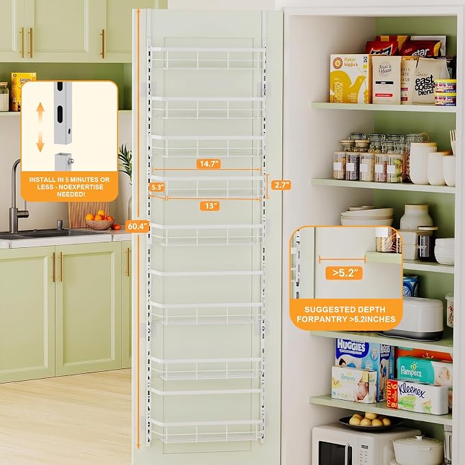 Apinol Over The Door Pantry Organizer, 8 Tier Adjustable Pantry Door Organization and Storage, Spice Rack with Hooks Mounted Shelves for Pantry Kitchen Essentials, White