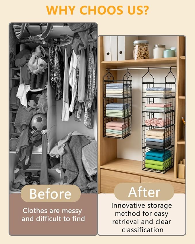 2 Pack Hanging Closet Organizer and Storage, 5 Tier & 3 Tier Metal Wire Closet Shelves with 8 S Hooks, Hanging Storage Shelf for Clothes Shoes Sweaters Handbags Laundry
