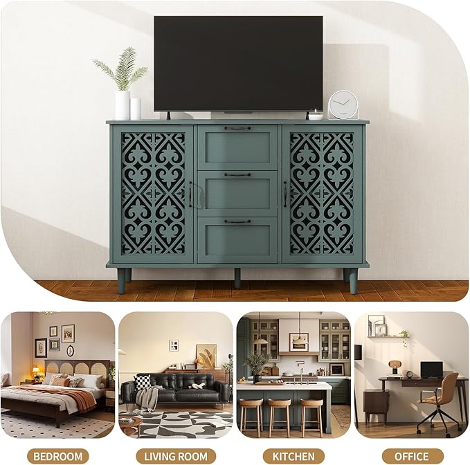 vistavie Green 2 Doors 3 Drawers Buffet Sideboard Cabinet - Accent Cabinet with Adjustable Shelves，47 Inch Wide Wood Storage Cabinets for Dining Room,Living Room and Kitchen
