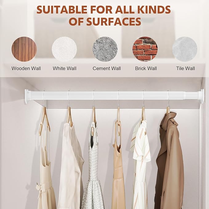 Closet Rods for Hanging Clothes, 17-42 Inch Stepless Adjustable Closet Rod, 1.3 Inch Heavy Duty Metal Clothes Hanging Rod, Expandable Closet Bar Hanger Rod for Closet Wardrobes Laundry RV White