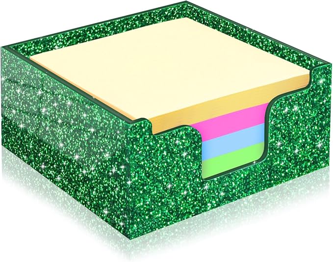 Rouidr Acrylic Sticky Note Holder, Self Stick Note Pad Holder, Bright Green | 3.94 x 3.94 Inch Glitter Memo Pad Dispenser Organizer for School Office Home Desk Supplies