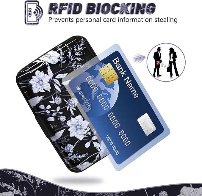 Credit Card Holder, Mini RFID Small Aluminum Card Wallet Business Card Case | Blocking Slim Metal RFID Blocking Front Pocket Wallet Hard Case Durable CC Holder for Women Girls, Black White Floral