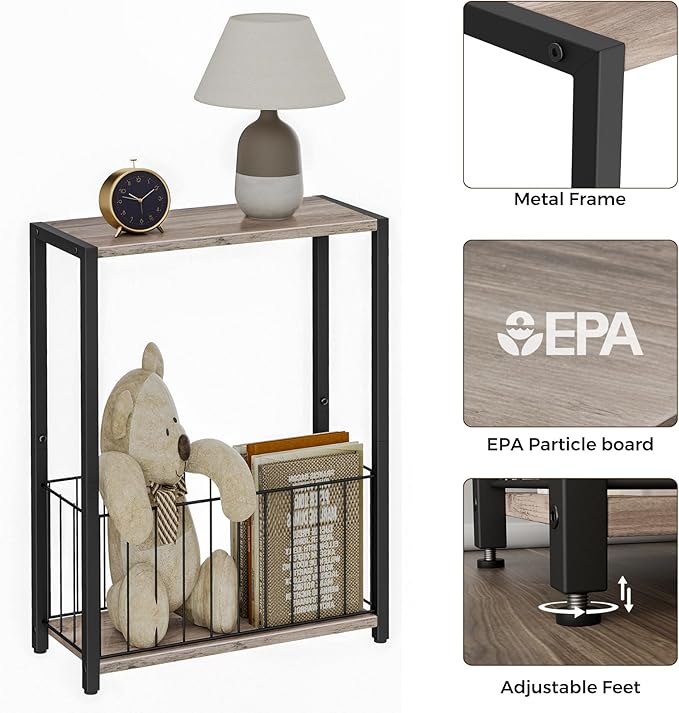 Homleke Narrow Side Table with Magazine Holder, Skinny End Table | Space-Saving Design, Small Spaces, Storage Shelf, Metal Frame, Easy Assembly, 7.1" D x 16.9" W x 23.6" H, Greige