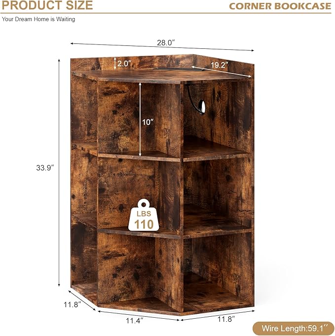 HedoAjim Corner Cabinet, Corner Storage Shelf with USB Ports and Outlets Industrial Organizer for Small Space Wooden 9-Cubby Bookshelf for Study, Playroom, Living Room (Rustic)