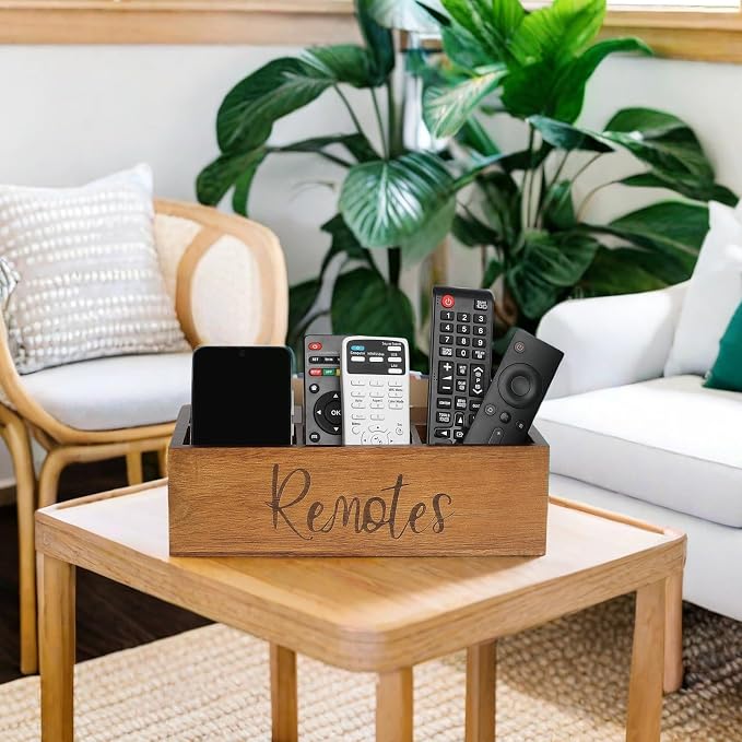 LBEMEY Acacia Wood Remote Control Holder Caddy, TV Organizer for Table, Vintage Farmhouse Desk Caddy (Brown-for 6+ Controls)