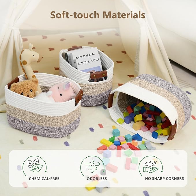 ECDYQXVU 15x10x9 Woven Cotton Rope Storage Basket, Leather Handles 1 Pack | Foldable Design, Sturdy PU Handles, Easy to Clean Organizer for Living Room, Closet, Shelves, Bedroom, Laundry, Clothes