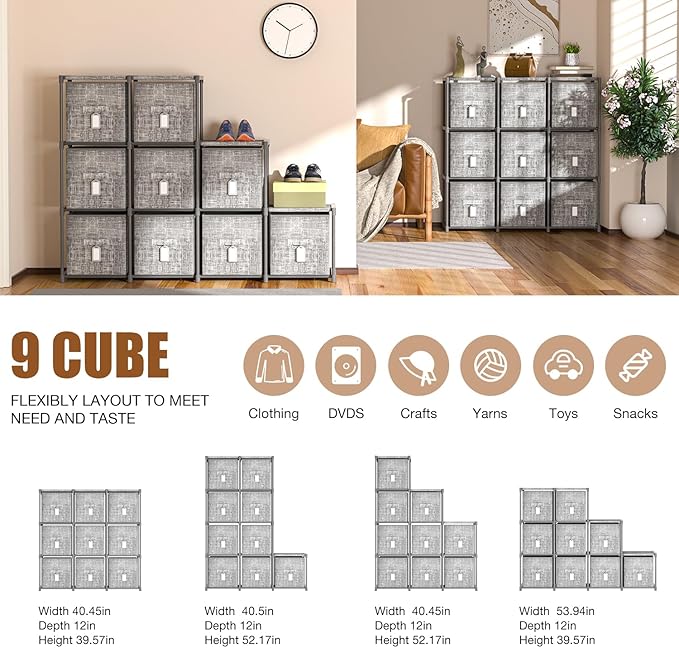 LUKYTOWER 9 Cube Closet Organizer with Beautiful Printed Drawers + Labels,Adjustable Modular Storage Shelf, Toy Cubby Organizer