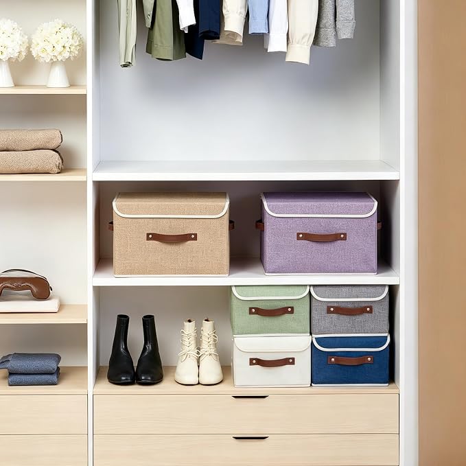 2PCS Collapsible Storage Boxes Baskets with Lid Cotton Linen Fabric Storage Bins with Faux Leather Handles Washable Cube Organizer Container for Home Closet Bedroom (Linen, Small Size)