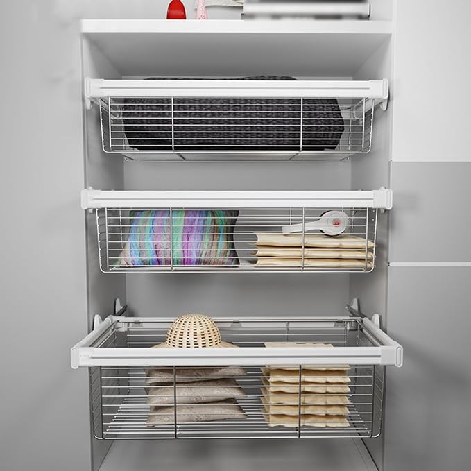 17.95" Deep Pull-out Clothes Storage Basket,Stainless Steel Stackable Shelf Baskets Organizer,Stackable Storage Bins for Bedroom Office Bathroom(18.5-20.47in)