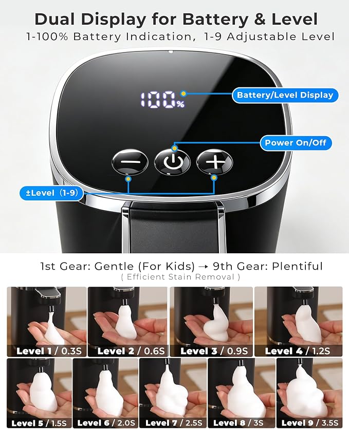 Automatic Foaming Soap Dispenser Touchless, USB Rechargeable | Smart Hand Soap Dispenser, 9-Level Adjustable, 13.5oz/400mL,IPX5 Waterproof, Wall/Tabletop Kitchen Bathroom, Black