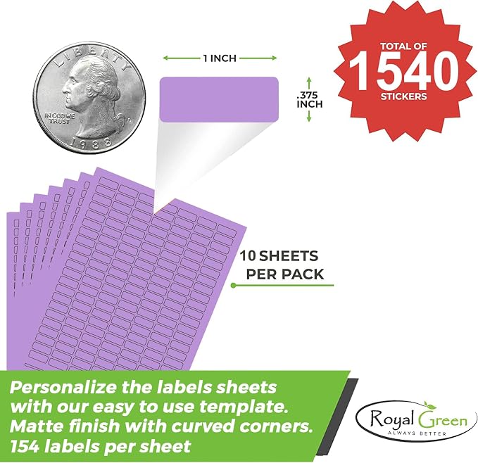 Purple Sticker Label Sheets Bulk Printable Paper Labels 1 inch x 0.375 inch - 1540 Pack, 10 Sticker Sheets for Laser/Inkjet Printers with Template Included by Royal Green