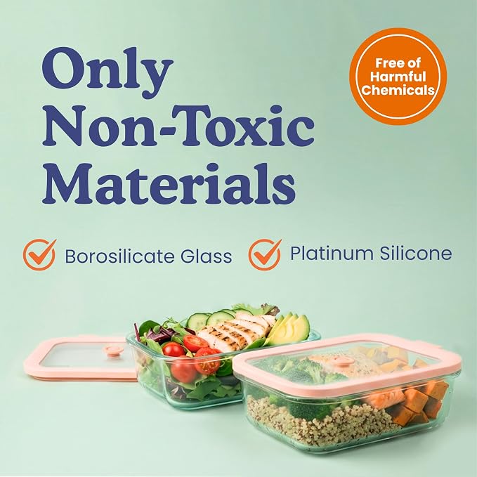 Non-Toxic Glass Food Containers with Lids, 4-Pack, Multi-Size, Beige | Plastic & BPA free. Glass body, glass lid & platinum silicone seal. Airtight & leakproof. Freezer & microwave safe.