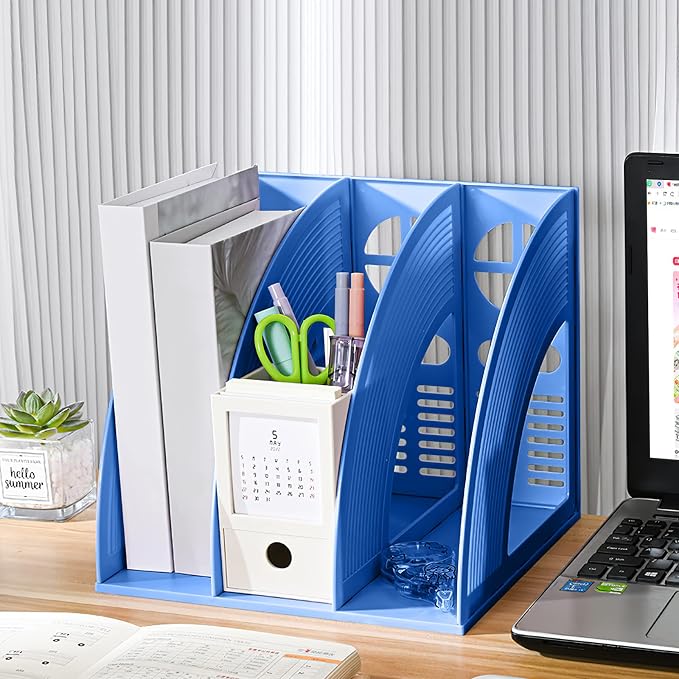 A4 File Holder Magazine File Folder Desk Organizer, Compartments Bookshelf Document Divider Paper Box Bookends for Office Home Organization and Storage Racks (Blue, 3 Compartments)