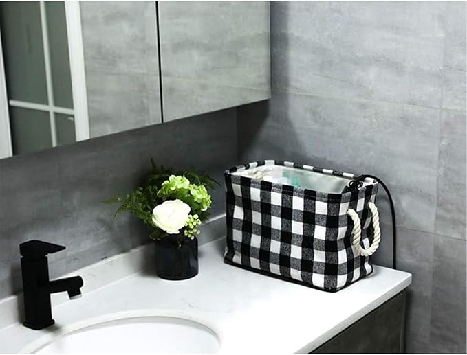 Round Laundry Basket Foldable Storage Baskets Home Organization Containers Buffalo Checked with Rope Handles, White Black Grid, L