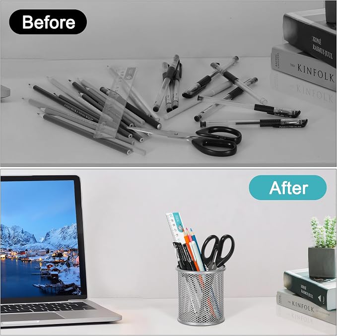 EasyPAG Pencil Holder for Desk, 2 Pack Metal Pen Organizer, Mesh Pencil Cup Organizer for Home, Office, Classroom, School, Silver