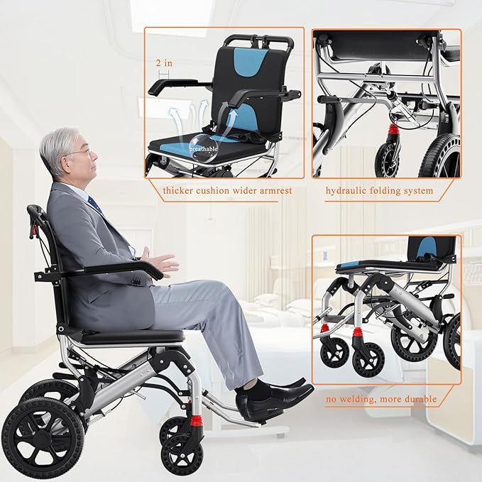 Lightweight Wheelchairs Transport Chair Lightweight Foldable with Telescopic Handle, Portable Folding Travel Transfer Wheel Chairs with Hand Brake for Seniors & Adults