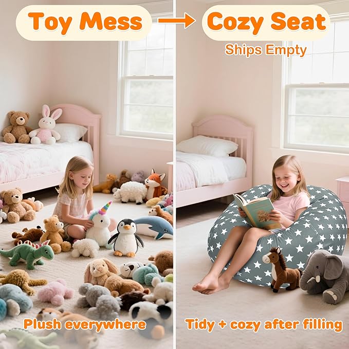 Lukeight Stuffed Animals Storage Bean Bag Chair Cover Only (Ships Empty, No Filling) - Velvet YKK Zipper Beanbag Cover for Kids and Big kids, Washable Plush Toy Organizer, X-Large 30" D x 18" H