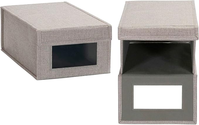 Household Essentials Small Drop Front Shoe Box with Clear Front Panel, Sturdy Poly‑Blended Linen, Gray Finish, Set of 2