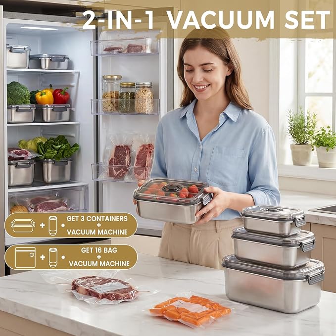 Compact Vacuum Seal Stainless steel Food Storage Containers (Vacuum Sealer Machine+3 Stainless steel Vacuum Containers+16 Reusable Vacuum Bags) for Vacuum Preservation, Refrigerators, Food Storage