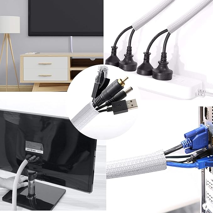 Cable Management Sleeve, Split Design, 25FT - 1/2 Inch, White | Cord Protectors from Pets | Heat & Abrasion Resistant Wire Loom | Automotive Wiring & Home Office Cable Organization