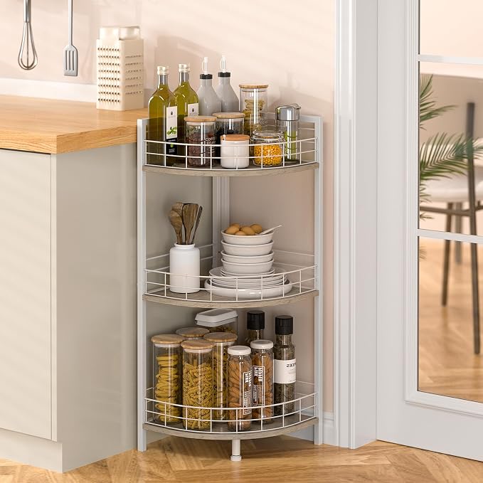 DAOUTIME Bathroom Standing Shelf, 3 Tier Free-Standing Shelf Units, Open Floor Shelves, Triangular Curved Corner Shelf Stand for Small Space, Ideal for Bathroom,Kitchen,Vanity Storage and Organizer