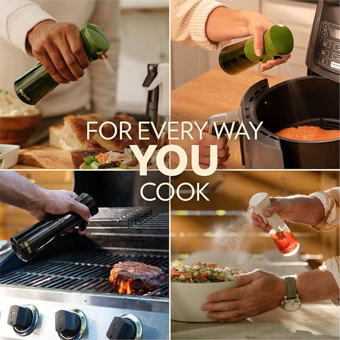 OLIVIA Signature Oil Sprayer for Cooking, 200ml Glass Olive Oil Sprayer, Continuous Cooking Spray with Portion Control, Oil Dispenser for Kitchen, Air Fryer, Salad, BBQ (Green Bottle, Gold Print)