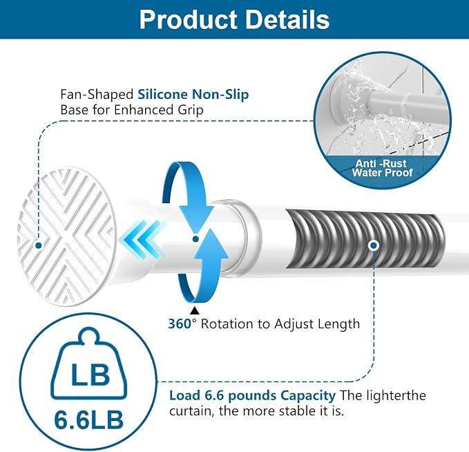 Tension Curtain Rod, 31-76in White No Drill Shower Curtain Rods | High Carbon Steel, 7/8inch Spring Rod Diameter, Adjustable Length for Bedroom, Doorway, Closet, Kitchen,Bathroom