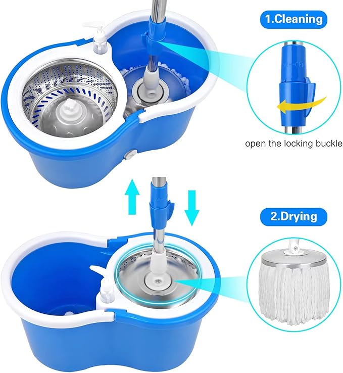 Spin Mop Bucket System, 360 Spin Floor Cleaning Mop Bucket with 3 Microfiber Replacement Head Refills Telescoping Handle for House Cleaning