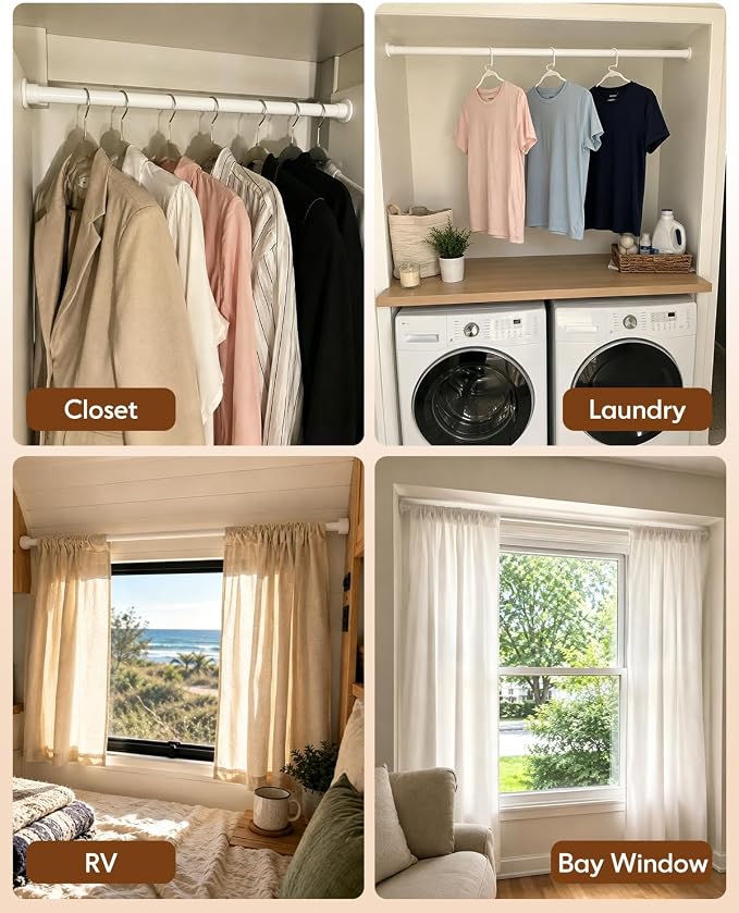 Closet Rods for Hanging Clothes, 18” to 48” Adjustable Closet Rod, Heavy Duty Closet Rod with Stainless Steel, Hanging Closet Rod for Laundry Rooms, RVs, Wardrobes, White