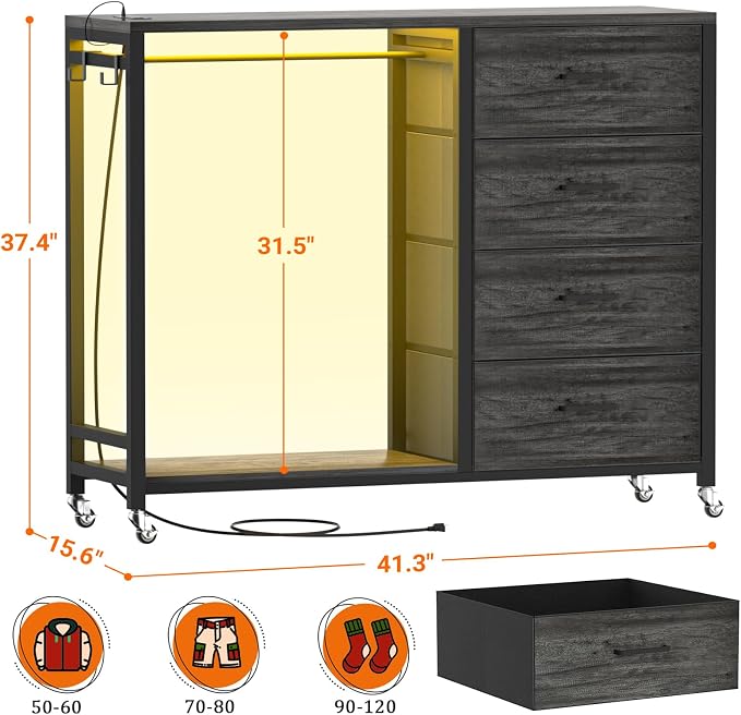 Cyclysio Storage Clothes Rack with 4 Drawers, Garment Rack with Charging Station & LED Lights, Fabric Chest Shelves Clothing Rack, Wooden Portable Wardrobe Closet