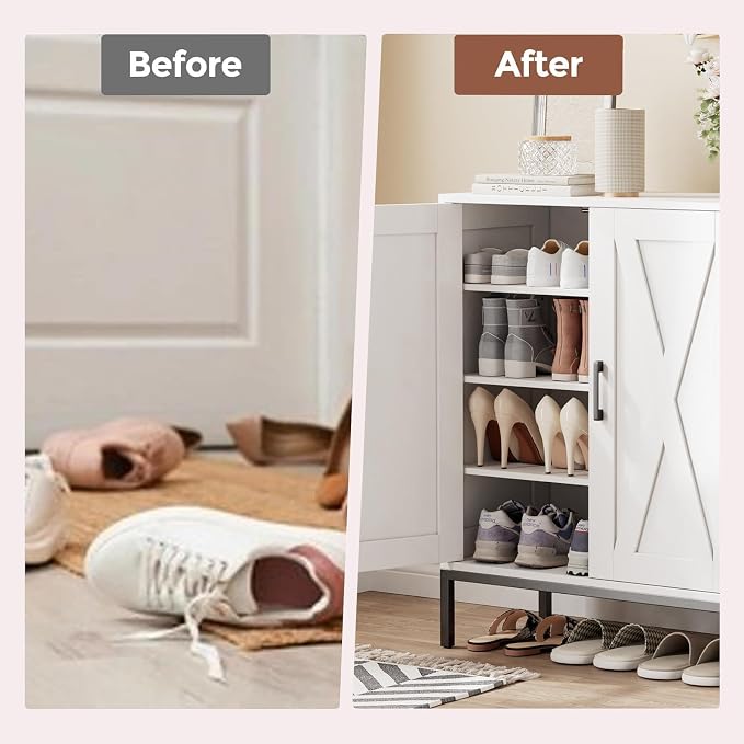 Homleke Farmhouse Shoe Cabinet with 2 Barn Doors & Metal Legs | Tall 4-Tier Shoe Storage Cabinet, 3 Adjustable Shelves, Shoe Rack Organizer, for Entryway, Hallway, Closet, White