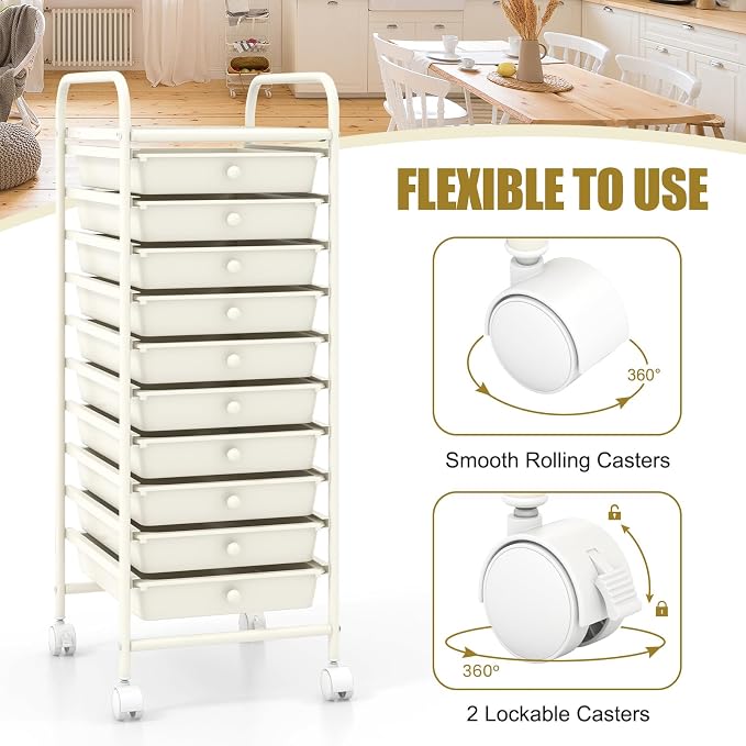 DREAMADE Rolling Cart with Storage Drawers, Utility Cart w/Removable Plastic Drawers, Lockable Wheels, Art Cart for Classroom Organization Art Supplies Office Scrapbook (10 Drawers, White)