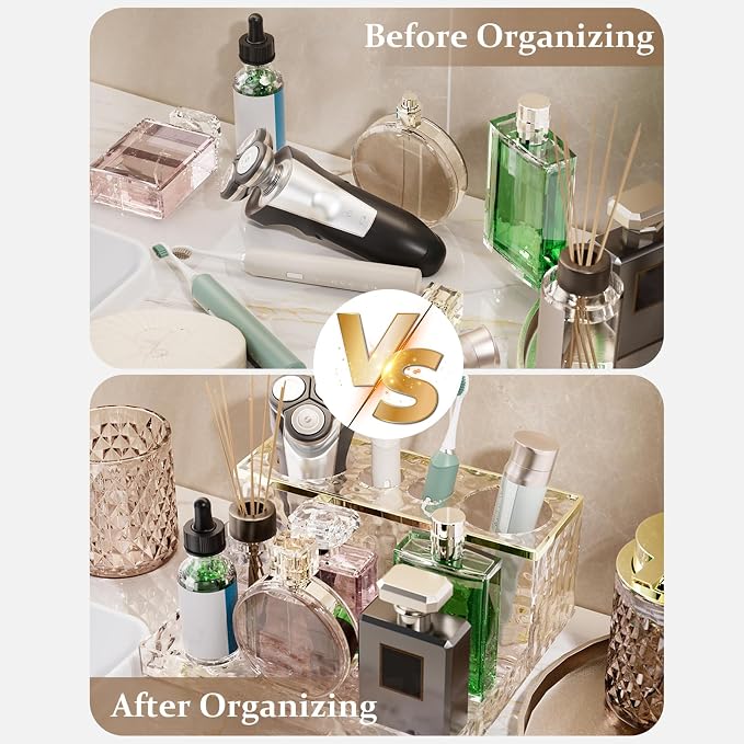 Glass Bathroom Accessories Set 5Pcs Crystal - Brown Foaming Soap Dispenser, Soap Dish, Cup, Acrylic Toothbrush Holder with Tray Organizer, Cotton Swab Jar, Bathroom Counter Set Sink Decor