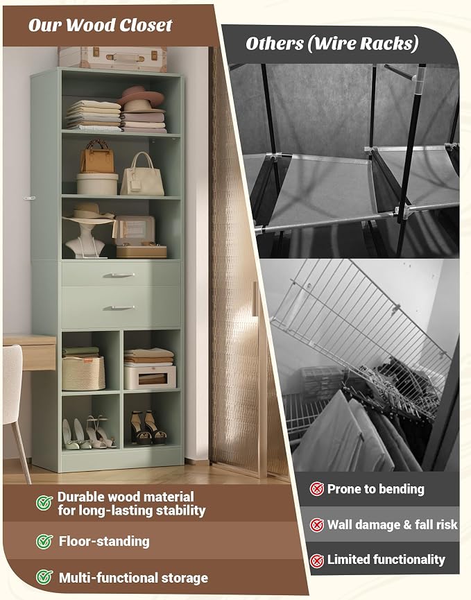 Besiost 18.9" Small Closet System with Drawers, Walk-in Closet Organizer | Small Closet Organizer for Walk in Closet, Bedroom & Nursery, Wardrobe Storage Unit with Storage and Shelves, Crab Green