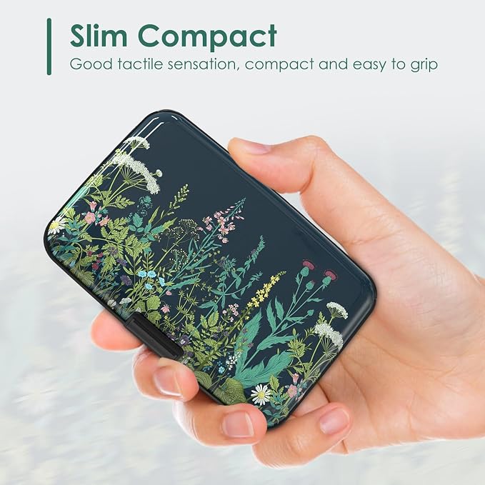 Credit Card Holder RFID Blocking, Mini Aluminum Hard Case, Plant Flowers Small Business Metal Wallet for Women Men