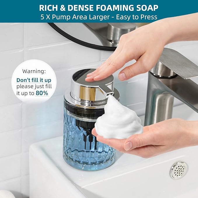 RYTOXILO Foaming Soap Dispenser, 2 Pack Clear Glass Foam Hand Soap Dispenser for Bathroom, Refillable 7.8 Fl Oz Foamy Pump Bottle with Plastic Sliver Pump, Modern Dish Soap Foam Dispenser Container