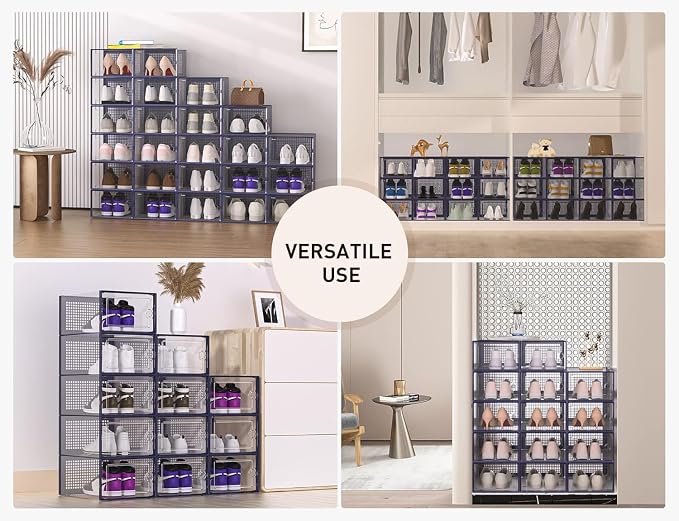 Kuject X-Large Shoe Storage Boxes Organizers Clear Plastic Stackable 12 Pack, Shoe Rack & Holder Substitute, Sneaker Containers, Toy Storage Organizer Bins for Entryway, Closet, Under Bed, Blue