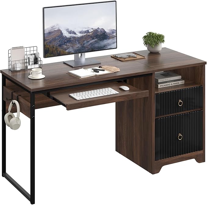 Bestier 55 Inch Wood Computer Desk with File Drawer & Keyboard Tray, Cherry | Fluted Panels, Ring Handles, File Drawer Letter/Legal, Storage Drawer, Keyboard Tray, Reversible, 2 Hooks, 150 Lbs, P2 Board
