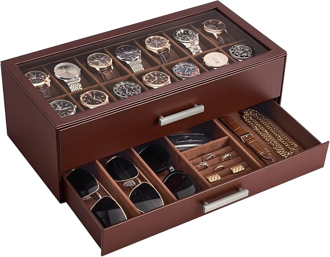 ProCase 14-Slot Watch Case for Men, 2-Tier Pull-Out Drawers Box -Espresso | Fathers Day Gift for Dad Men with Display Clear Top Lid, Jewelry Sunglasses Storage Organizer, Anniversary Birthday Gifts