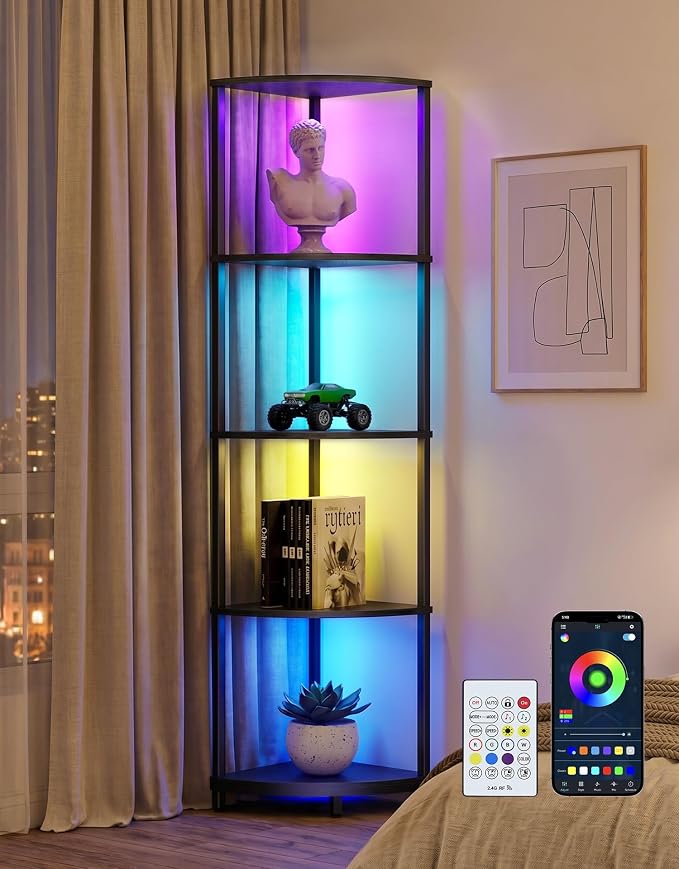 PARTPHONER Corner Shelf with LED Light, 5 Tier Smart Color Changing Floor Lamp with Remote, 62" Display Shelf Bookshelf Narrow Storage Rack Standing Lamp for Living Room Bedroom Home Office Décor