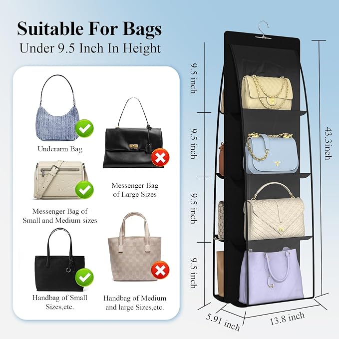 2 Packs 8 Pockets Black Handbag Hanging Purse Organizer for Closet, Purse Storage, Purse Hanger and Handbag Organizer for Space Saving