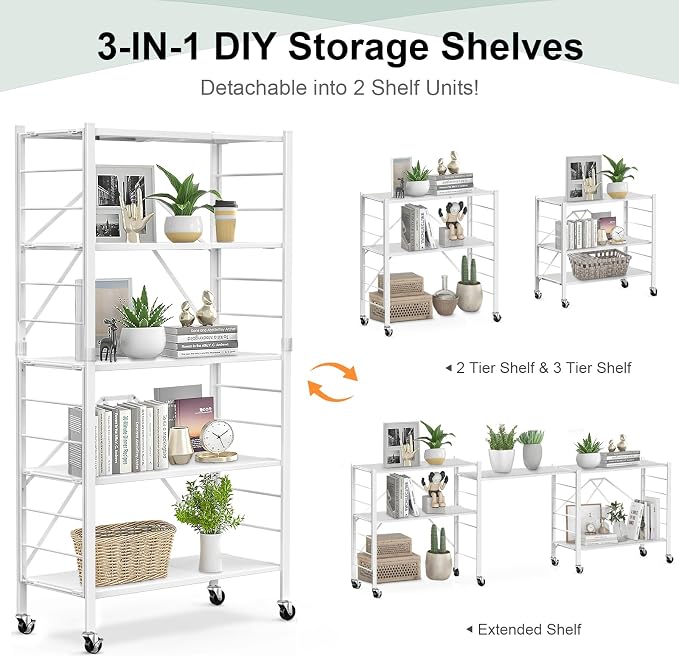 Himix 5 Tier Foldable Storage Shelves, Expandable Folding Pantry Shelf with Wheels, Changeable into 2 Shelf Units, Collapsible Storage Rack Metal Shelves for Kitchen, Room, Garage, White
