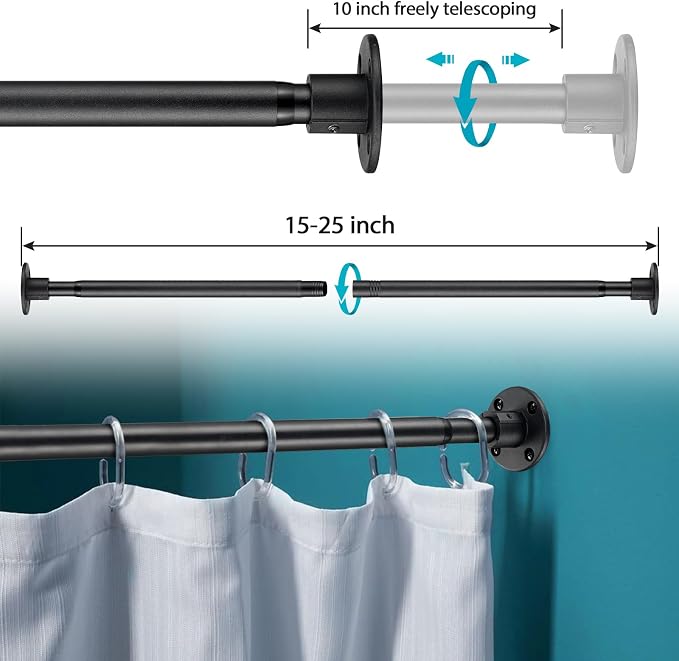 Shower Curtain Rod, Closet Rod15-25 Inch，Adjustable Heavy Duty Closet Rod Wall Mounted Permanent Industrial Shower Curtain Rod Rust Proof Stainless Steel Black