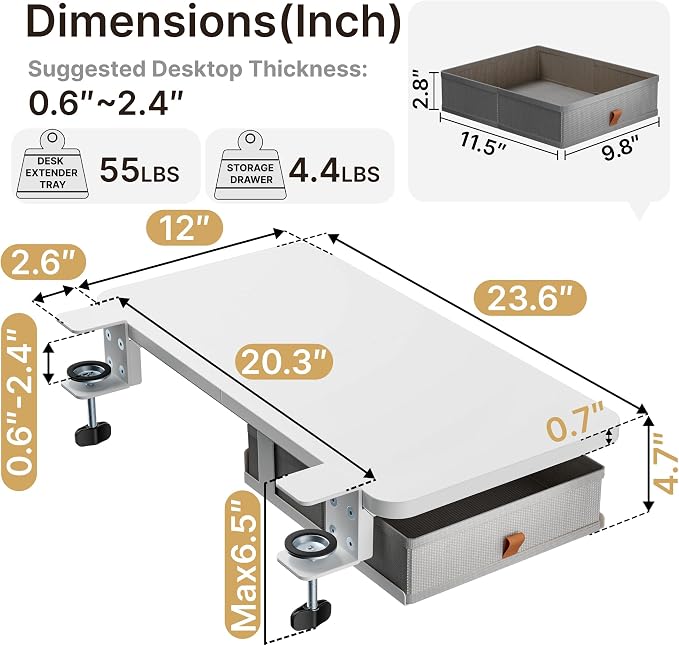 PEGZONE Desk Extender Tray, 24" x 12", with Storage Drawer, Medium, White | Desk Extension, Clamp on Desk Shelf, Clamp on Keyboard Tray for Office and Home, Workstation Organizer
