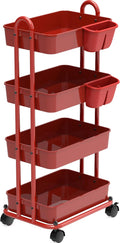 Simple Houseware 4-Tier Rolling Utility Cart with Hanging Bucket, Red | Storage for Bathroom, Kitchen, Office, Study Room, Nursery Diaper