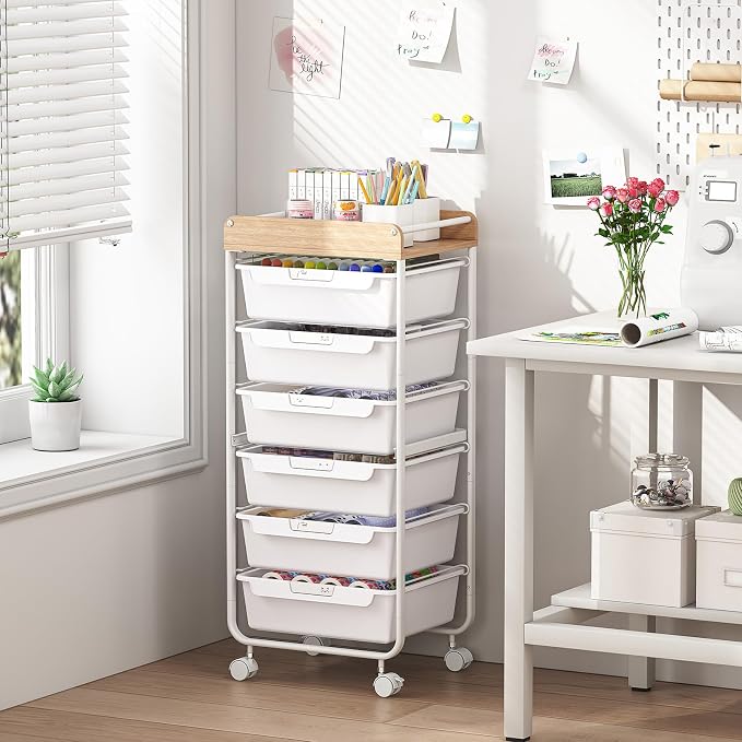 SYKIARIOL Rolling Cart with 6 Drawers,Utility Storage Cart with Drawers,Art Craft Organizers and Storage,Makeup Organizer with Wooden Tabletop,White